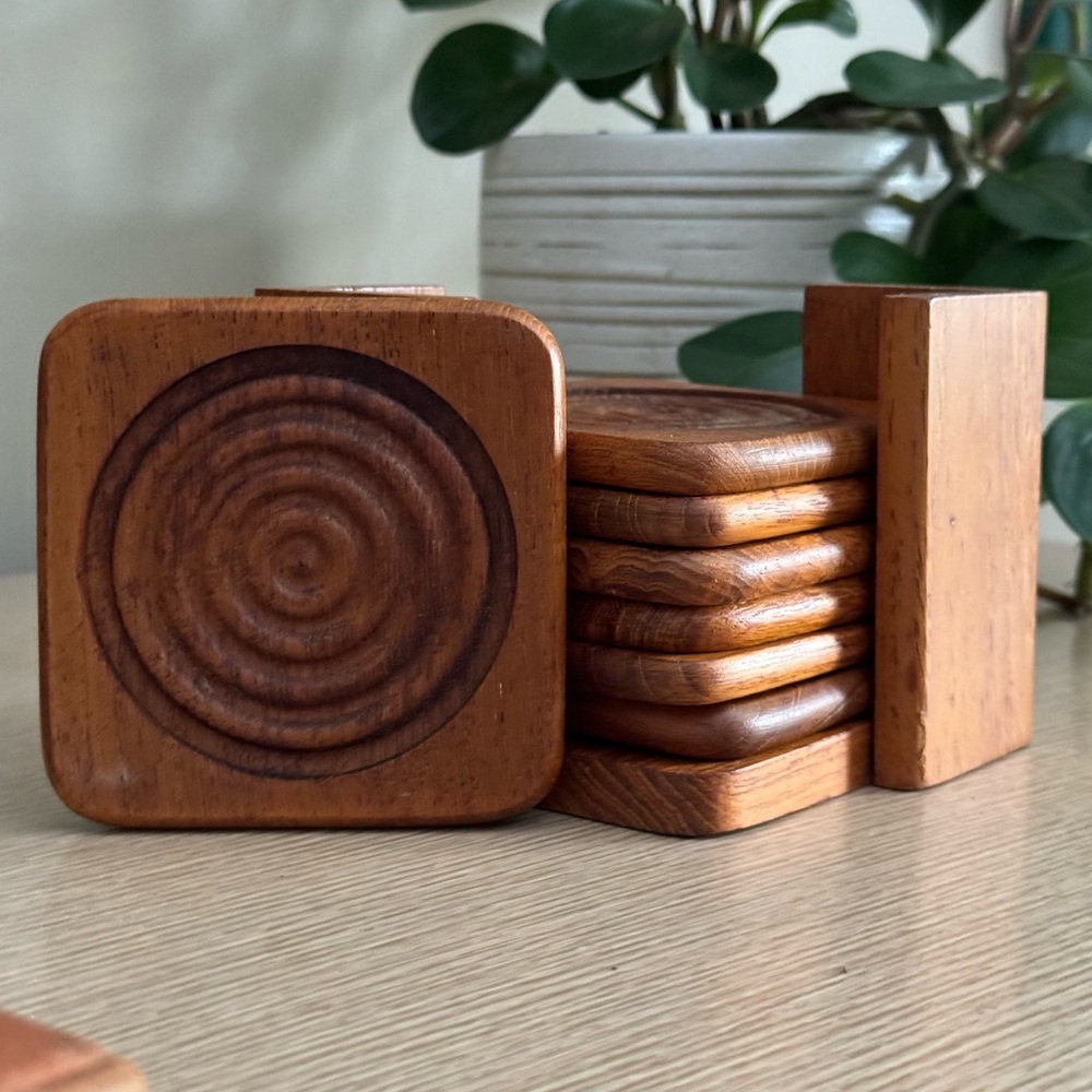 Vintage Teak Coaster Set with Holder